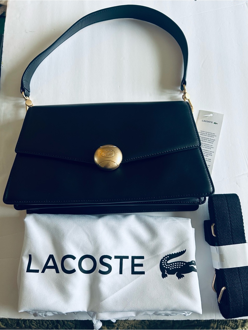 Lacoste Black Shoulder Bag with Gold-Tone Button - Picture 1 of 5
